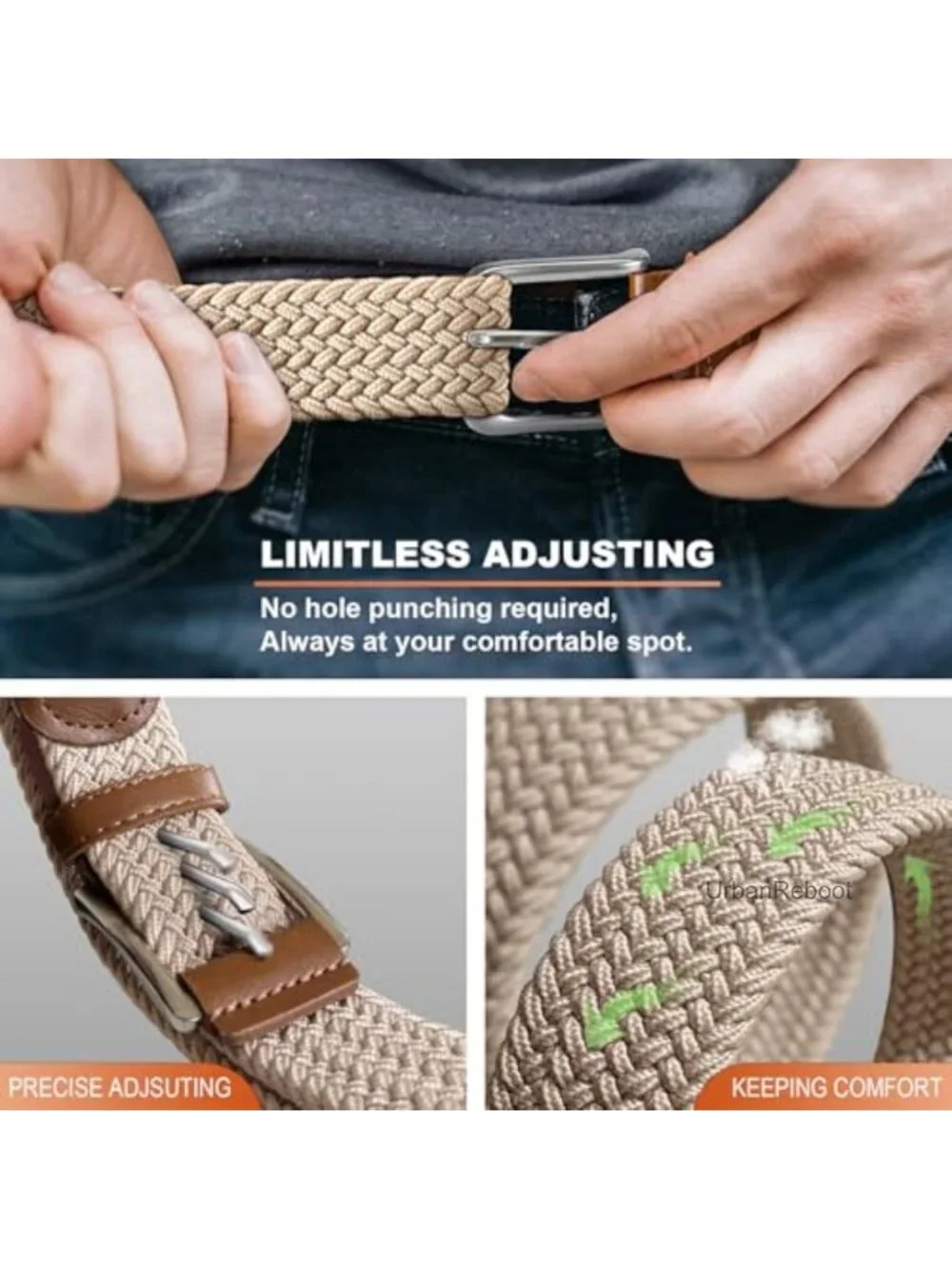 Stretch Braided Belt for Men - Elastic Woven Golf Belt - No-Hole Design - Nylon